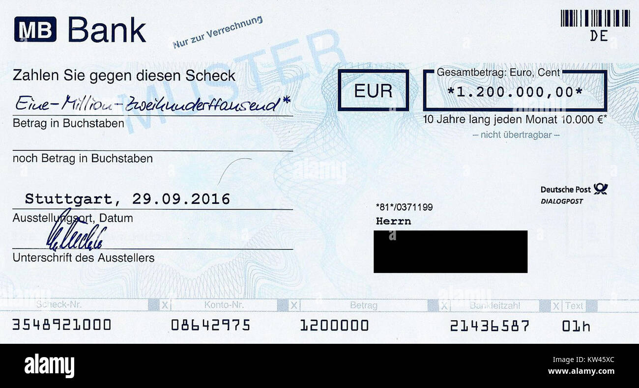 Ein Image, das sich auf eine Finanztransaktion oder Investition in Höhe von 1,2 Millionen Euro bezieht und mit dem Namen Scheck verbunden ist. Das Foto stellt einen Kontext zu diesem finanziellen Ereignis dar. Stockfoto