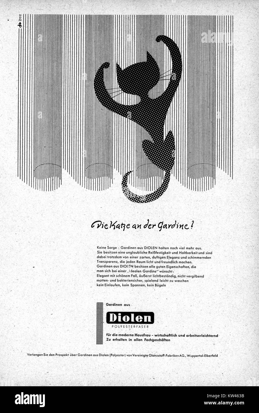 VGF Diolen Werbung war eine Marketingkampagne im Jahr 1959 für Diolen, eine synthetische Faser. In der Kampagne wurden die Vorteile und die Vielseitigkeit dieses Materials in verschiedenen Branchen hervorgehoben. Stockfoto