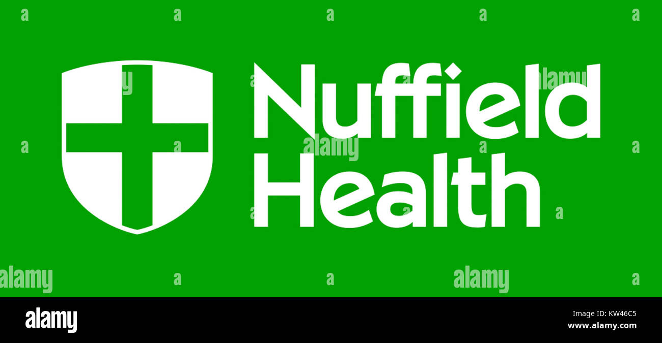 Das Nuffield Health Master Logo repräsentiert die Gesundheits- und Fitnessorganisation, die für ihren Schwerpunkt auf Wohlbefinden, medizinische Dienstleistungen und Fitnesszentren in Großbritannien bekannt ist. Stockfoto