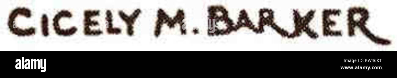 Cicely Mary Barker, bekannt für ihre schönen Blumen-Feen-Illustrationen, hat ihr künstlerisches Zeichen mit einer Signatur hinterlassen, ein wichtiges Stück für Sammler und Fans ihrer Arbeit. Stockfoto