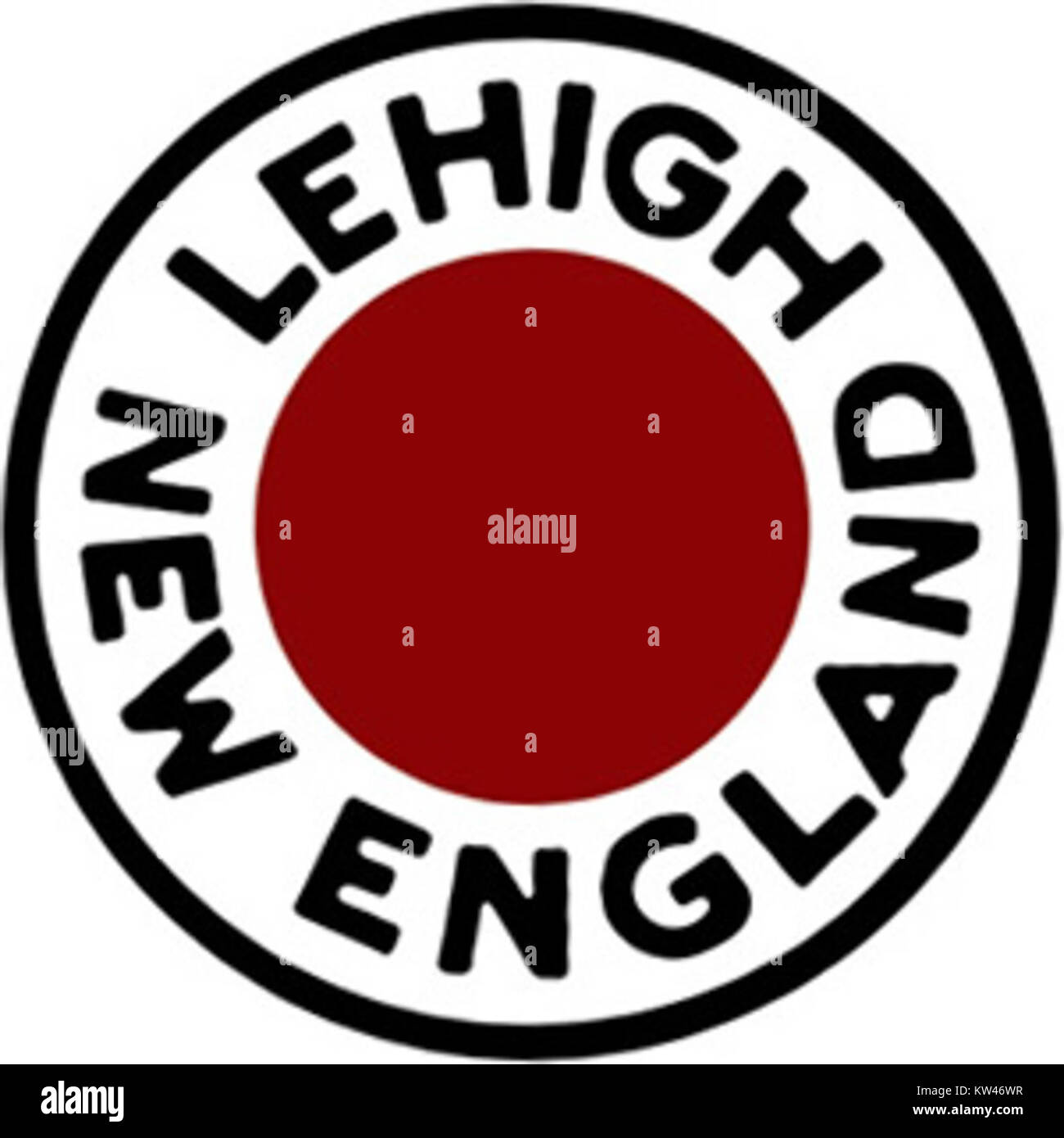 Die Lehigh and New England Railroad (LNE) war eine Eisenbahnstrecke der Klasse I, die im Nordosten der Vereinigten Staaten betrieben wurde und hauptsächlich als Brückenstrecke diente. Das Logo repräsentiert die historische Rolle des Unternehmens im regionalen Schienenverkehr. Stockfoto
