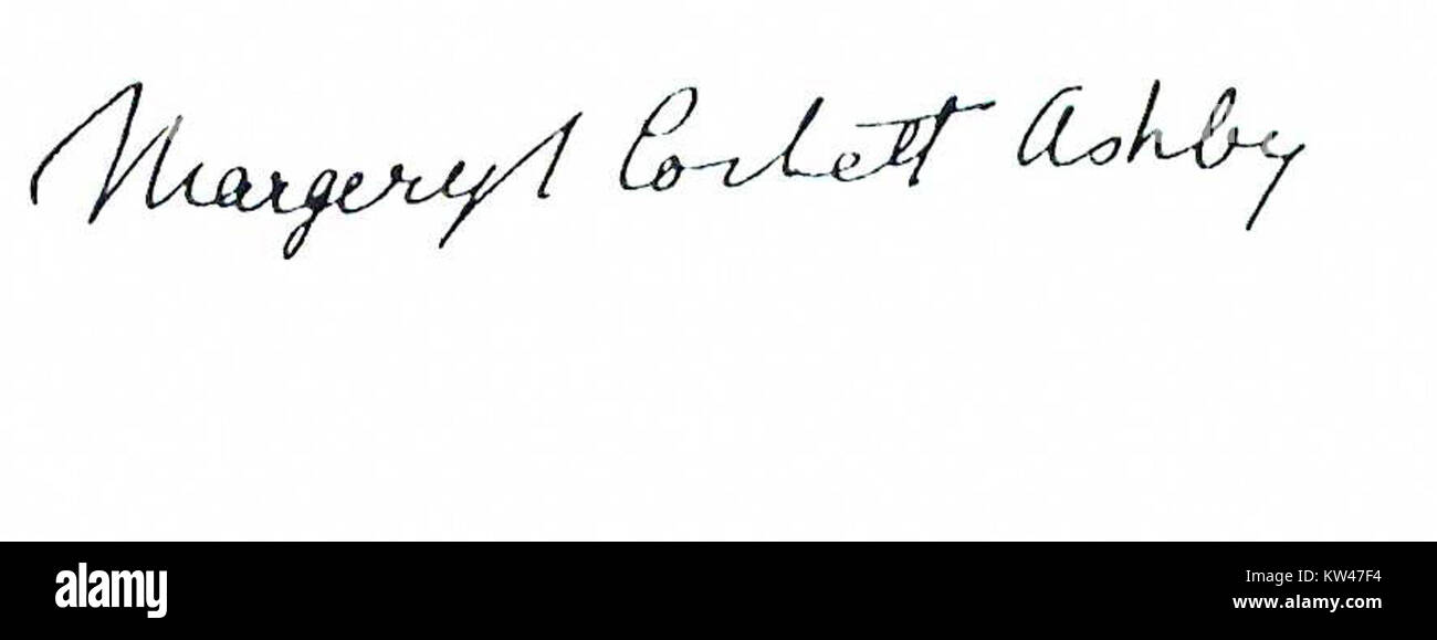 Margery Corbett Ashby, eine prominente Persönlichkeit der Frauenwahlrechtsbewegung, unterzeichnete dieses Dokument 1926. Die Unterschrift repräsentiert ihr Engagement für die Rechte der Frauen und ihre Rolle in der Frauenbewegung des frühen 20. Jahrhunderts. Stockfoto