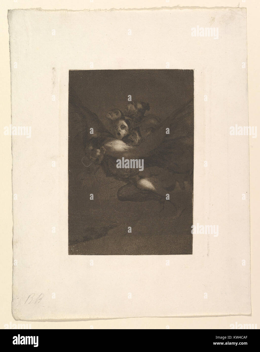 Diese Ätzung mit dem Titel „Bon Voyage (Buen Viaje)“ ist eine Platte 64 aus Francisco Goyas Serie *Los Caprichos*. Es zeigt einen satirischen und skurrilen Kommentar über die Gesellschaft zu Goyas Zeit. Stockfoto