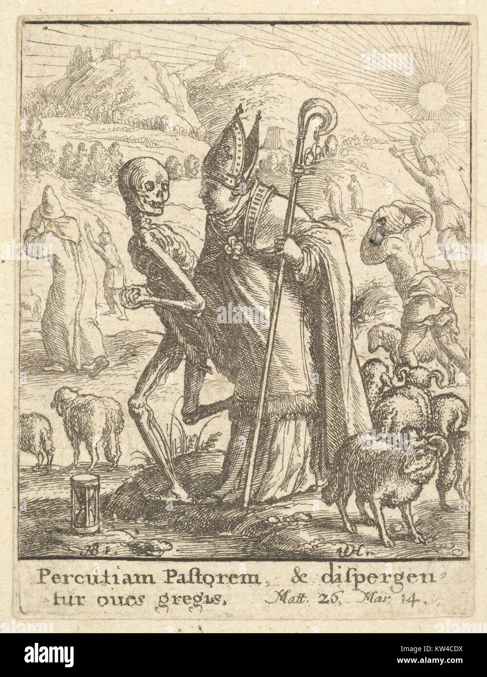 Das Bild mit dem Titel „Bishop, from the Dance of Death“ zeigt eine mittelalterliche Szene aus der Serie „Dance of Death“. Diese Serie reflektiert das mittelalterliche Thema Sterblichkeit und ist Teil einer historischen Kunstsammlung. Stockfoto