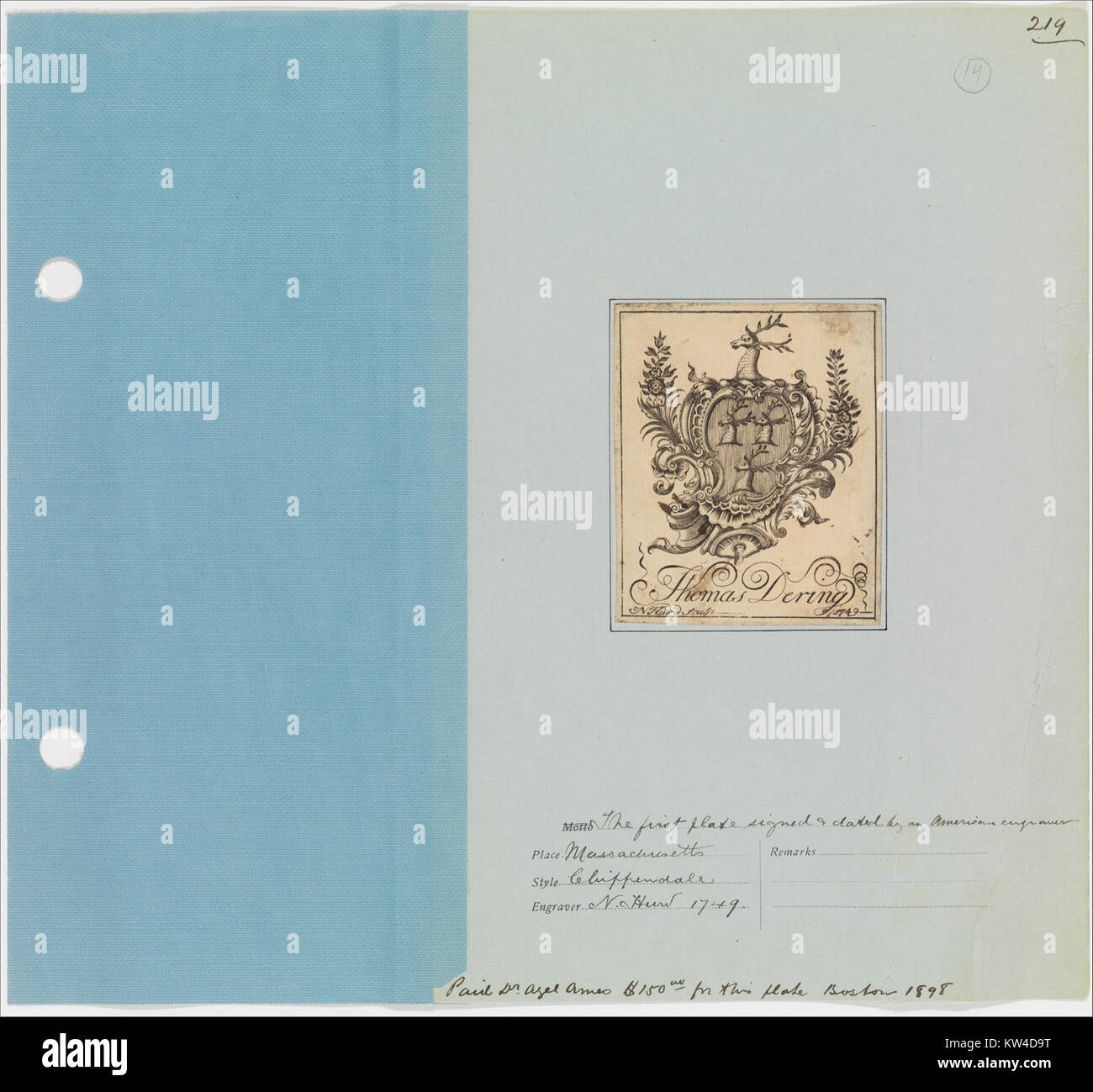 Das Lesezeichen von Thomas Dering ist ein historisches Zeichen, das in Büchern von Dering gefunden wurde, einem Individuum, der für seine literarischen Beiträge oder als Buchsammler bekannt ist. Dieses Heft ist ein wertvolles Stück Literaturgeschichte. Stockfoto