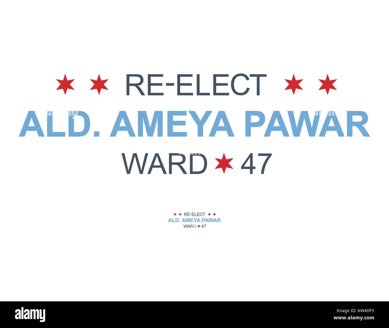 Dies bezieht sich auf die Wiederwahl des Stadträts Ameya Pawar. Er ist ein gewählter Beamter in der lokalen Regierung, und die Kampagne konzentriert sich auf seine politischen Erfolge und Ziele für die Gemeinde. Stockfoto