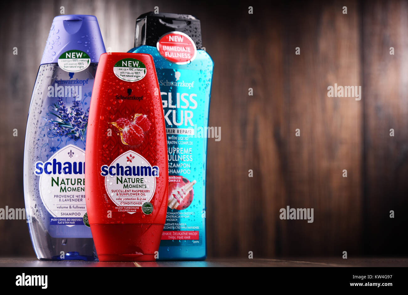 POZNAN, Polen - Dez 7, 2017: Flaschen von Schwarzkopf Produkte, populäre Marke des ersten flüssigen Shampoo entwickelt von deutschen Chemiker Hans Schwarzkopf in 1. Stockfoto