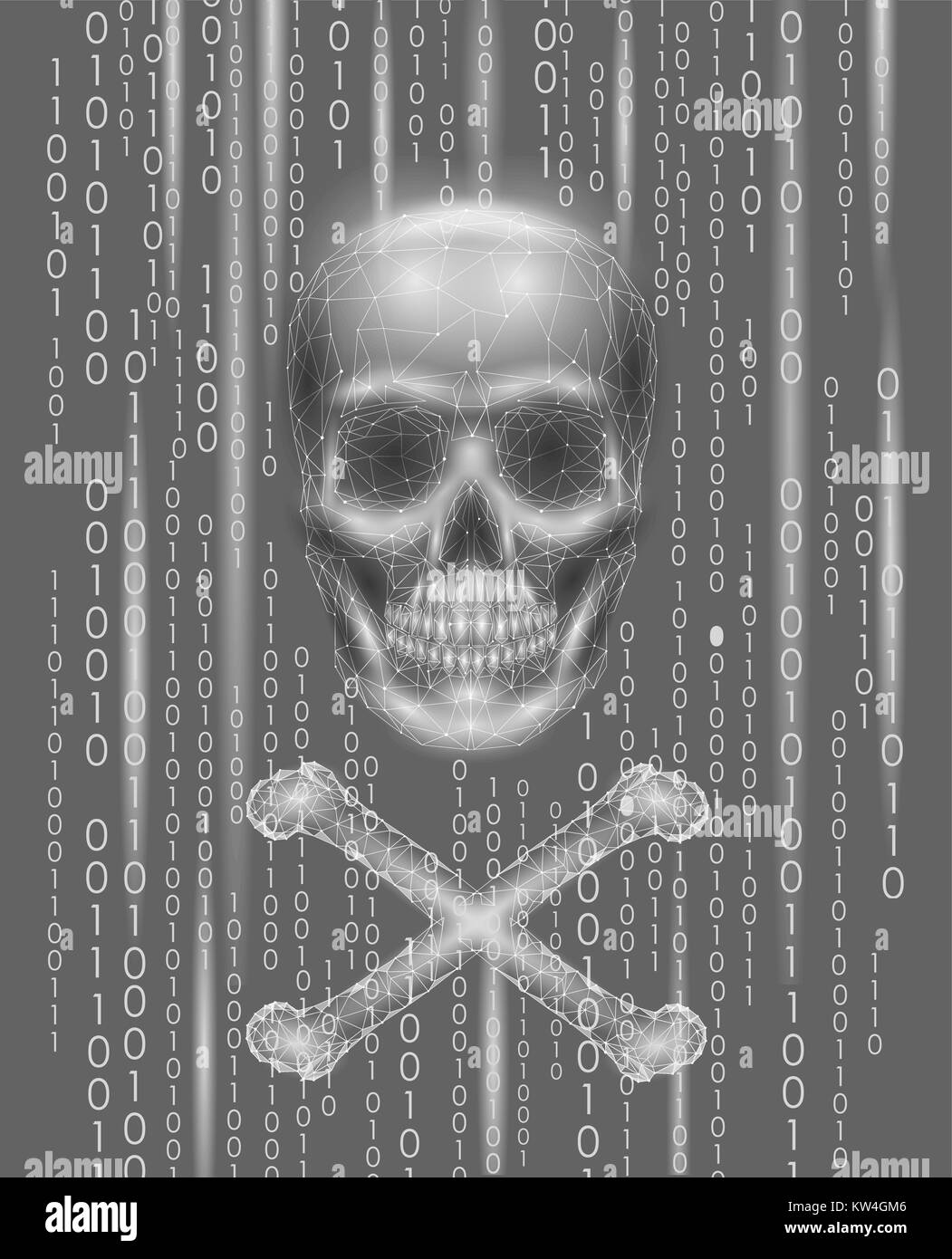 Jolly Roger Schädel binären Code Nummern. Hacker piraterie Computer online Angriff warnen. Beängstigend Warnung hacking Sicherheit Datenschutz. Low Poly polygonalen Dreieck line 3d-render Vector Illustration Stock Vektor