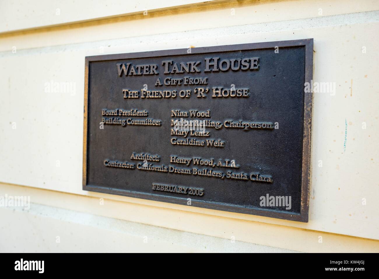 Commemorative placque am Wassertank Haus am Die rengstorff House, einem restaurierten viktorianischen Haus und eines der ersten Häuser im Silicon Valley Stadt Mountain View, Kalifornien, 24. August 2016 errichtet. Stockfoto