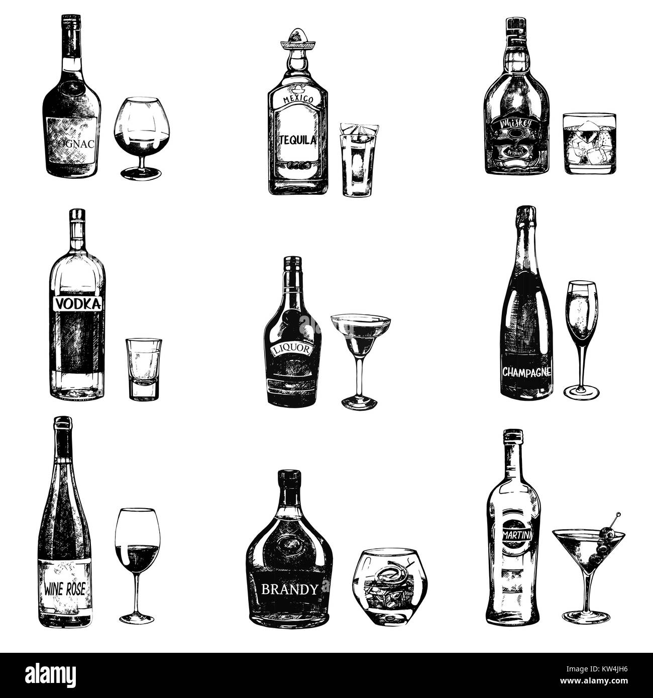 Satz von Skizze Stil Hand gezeichnet Flaschen Alkohol und Getränke. Vector Illustration auf weißem Hintergrund. Stock Vektor