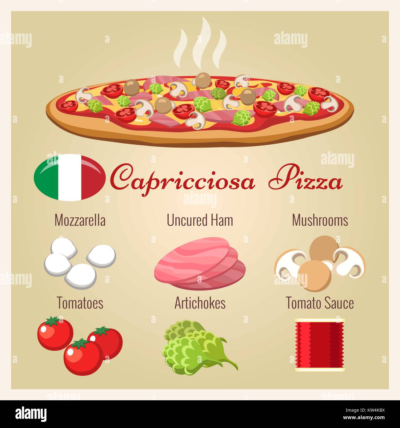 Pizza Capricciosa. Italienische Küche Pizza mit Mozzarella und italienischen Schinken, Pilze, Artischocken und Tomaten, Vektor, Abbildung Stock Vektor