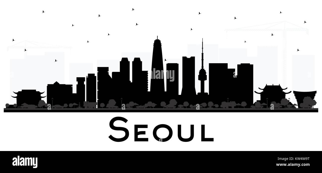 Seoul Korea Skyline der Stadt schwarze und weiße Silhouette mit Reflexionen. Vector Illustration. Business Travel Concept. Seoul Stadtbild mit Sehenswürdigkeiten. Stock Vektor