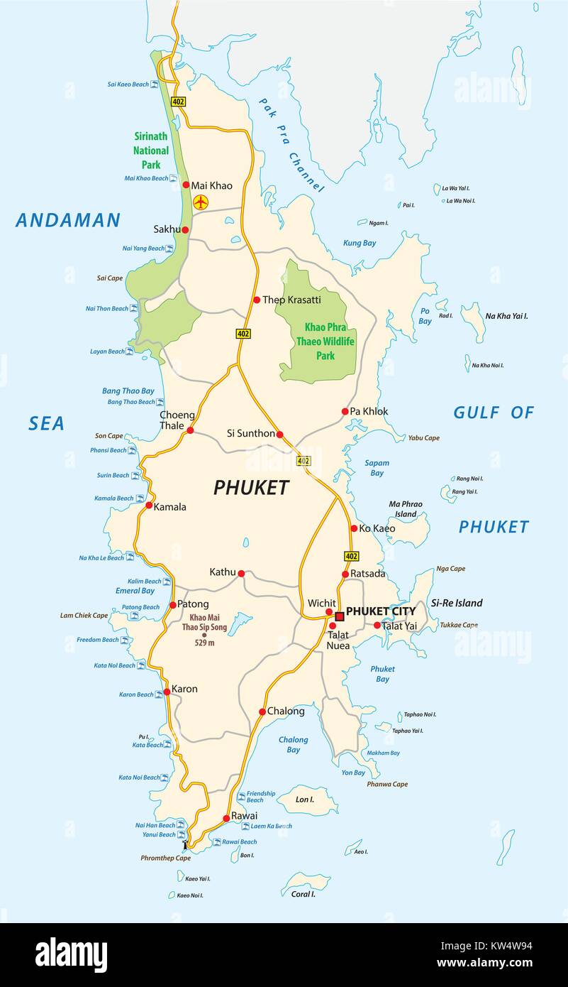 Detaillierte Phuket Road und Strand Vektorkarte Stock Vektor