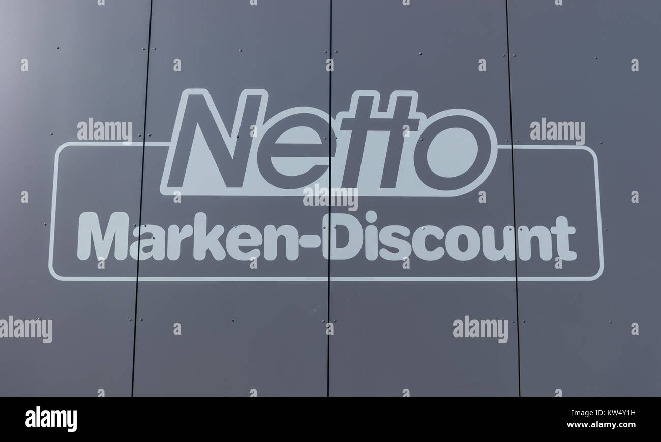 Logo des Netto-Discountspeichers. Es gehört zur Edeka Group, dem größten deutschen Supermarktkonzern mit 250.000 Mitarbeitern. Stockfoto