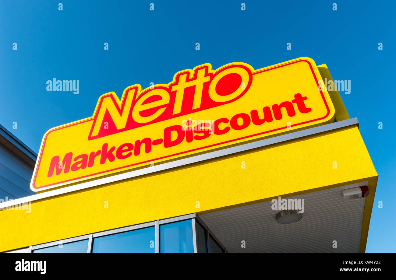 Logo des Netto-Discountspeichers. Es gehört zur Edeka Group, dem größten deutschen Supermarktkonzern mit 250.000 Mitarbeitern. Stockfoto