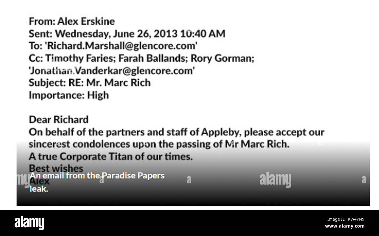 Eine E-Mail in Bezug auf die Paradise Papers, ein Leck, das Offshore-Finanzaktivitäten prominenter Einzelpersonen und Unternehmen enthüllt. Stockfoto