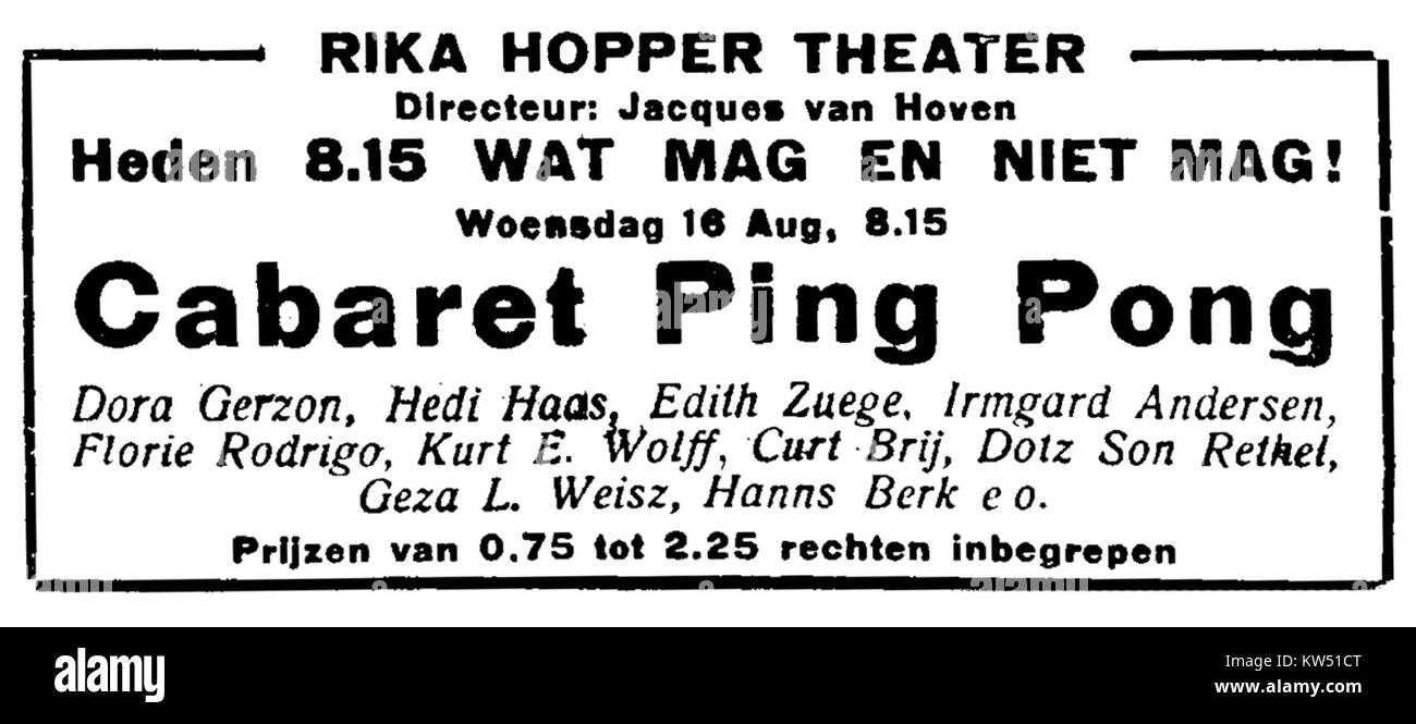 Eine Anzeige für das Ping Pong Cabaret im Rika Hopper Theater, aus der Zeitung Algemeen Handelsblad vom 15. August 1933. Das Kabarett ist Teil der Unterhaltungskultur des frühen 20. Jahrhunderts. Stockfoto