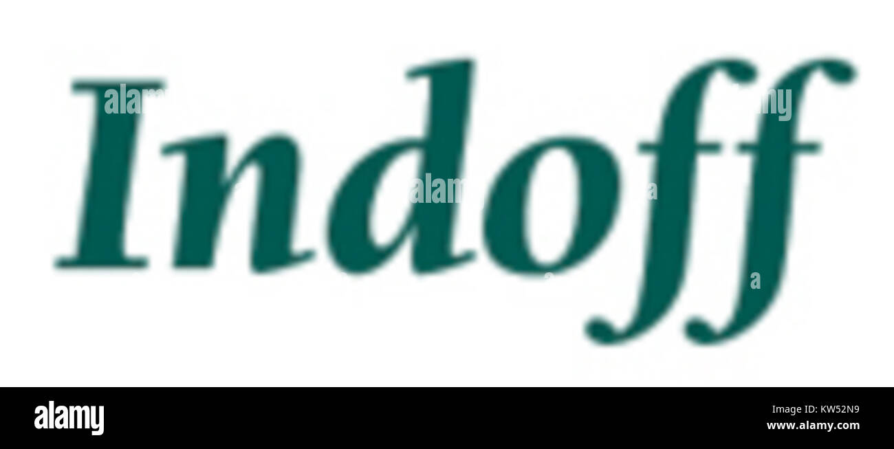 Bild von Indoff, einem Unternehmen, das für seine Büroprodukte und Möbel bekannt ist. Das Foto zeigt das Produktprogramm und das Firmenlogo. Stockfoto