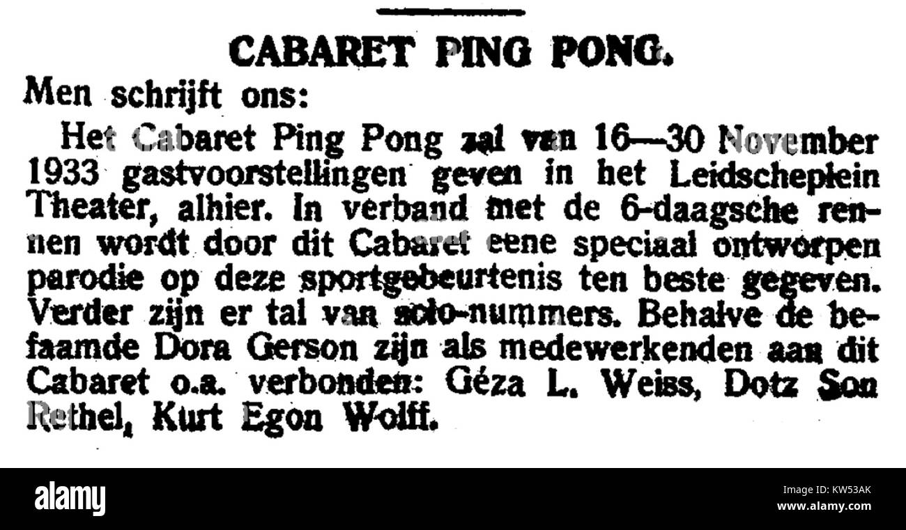 Eine historische Werbung für das Ping-Pong-Kabarett, die in der Nieuw Israelietisch Weekblad am 10. November 1933 gezeigt wurde. Der Werbespot repräsentiert die damalige Unterhaltungskultur. Stockfoto