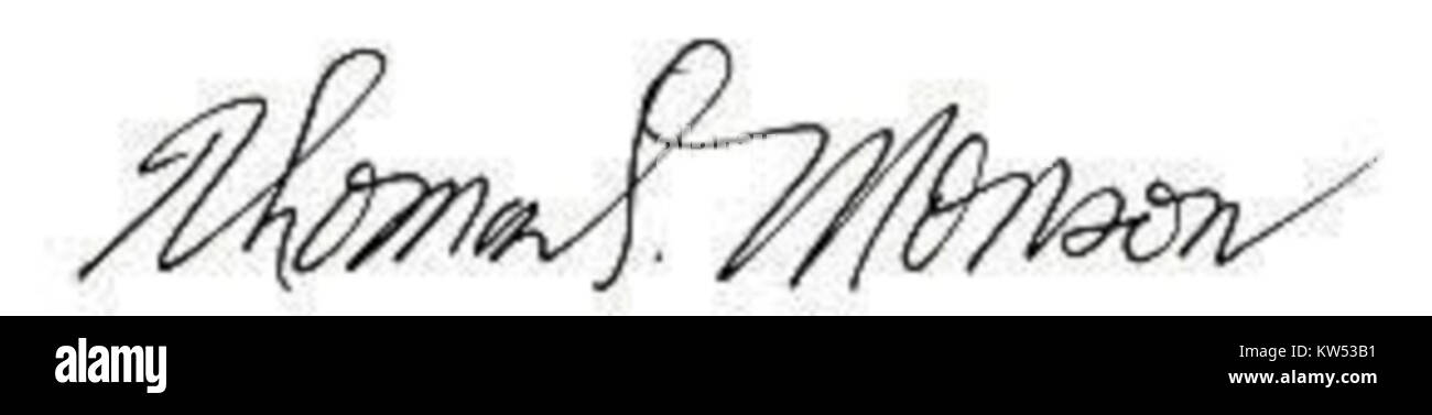 Die Unterschrift von Thomass Monson bezieht sich auf die persönliche Unterschrift von Thomas S. Monson, dem 16. Präsidenten der Kirche Jesu Christi der Heiligen der Letzten Tage. Seine Unterschrift wird oft mit seiner Führung in der Kirche und seinen Bemühungen, humanitäre Arbeit in der ganzen Welt zu verbreiten, in Verbindung gebracht. Stockfoto