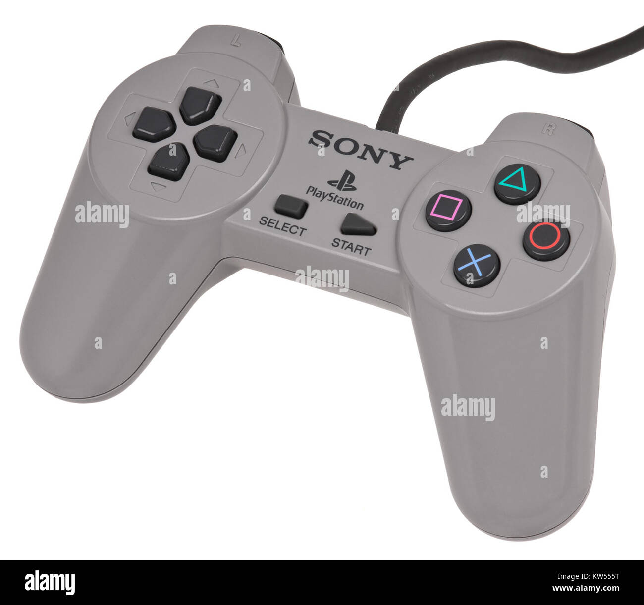 Der PSX Original Controller ist ein Gaming-Controller für PlayStation 1. Es verfügt über ein einfaches Layout mit Tasten für verschiedene Spielfunktionen und dient als primäre Schnittstelle für Spiele auf der Konsole. Stockfoto