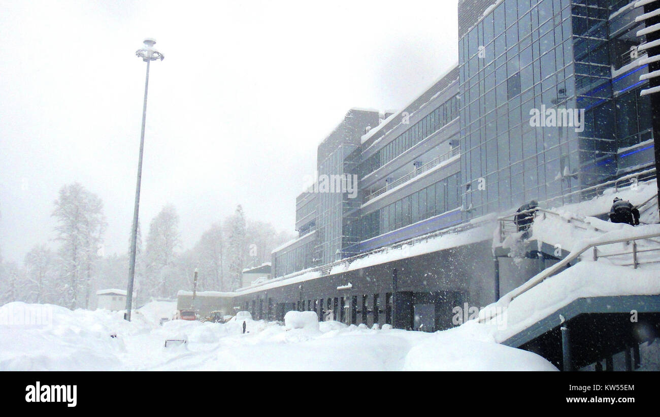 Ein Biathlonstadion ist ein Veranstaltungsort für den Wintersport Biathlon, der Langlauf und Gewehrschießen kombiniert. Es bietet Skipisten, Schießplätze und Zuschauerbereiche. Stockfoto