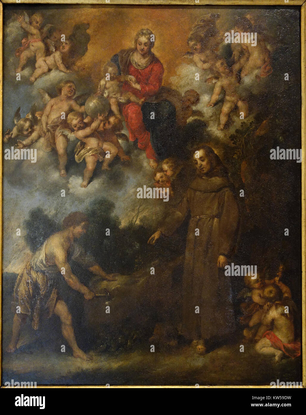 Das Gemälde „Selige Andrea da Spello bringt Wasser aus einem Felsen“ von Anton Maria Vassallo, das um 1620 entstanden ist, zeigt eine religiöse Szene aus der christlichen Geschichte. Das Kunstwerk Öl auf Kupfer befindet sich in der Accademia Ligustica di Belle Arti. Stockfoto