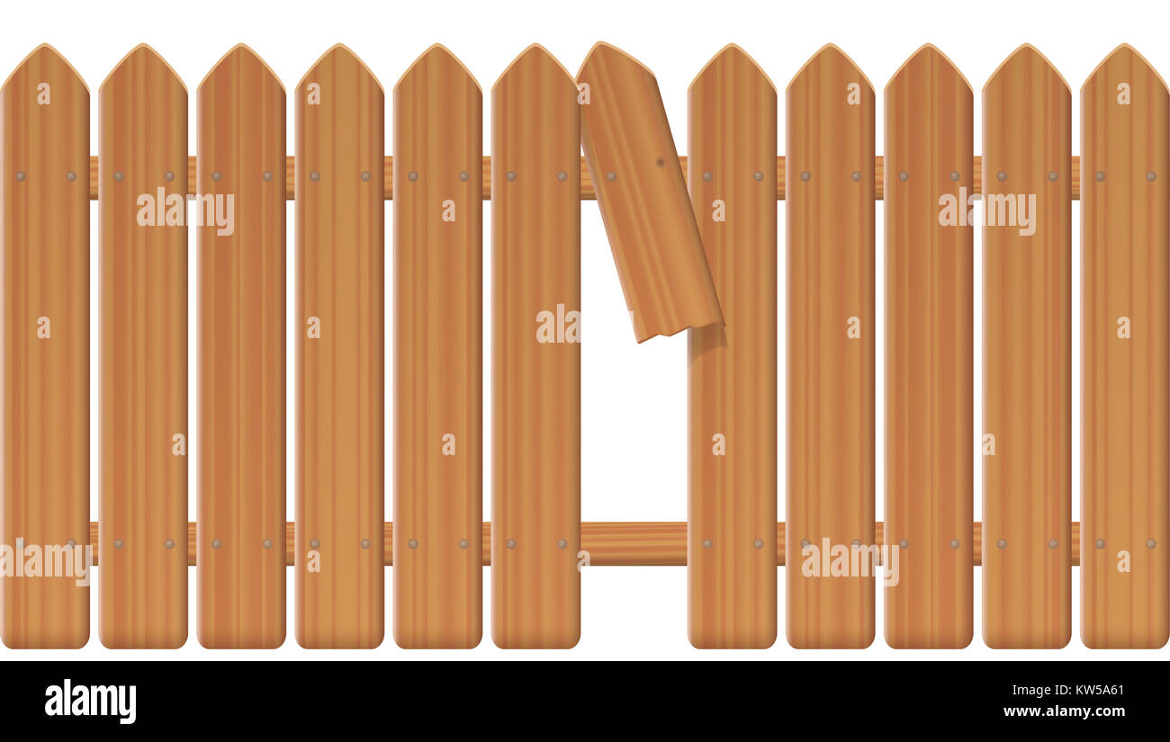 Lücke im Zaun - Holz- strukturierte Lattenzaun mit gebrochenen Plank und Schlupfloch zu rutschen durch, Flucht, flüchten, nehmen, brechen, davonlaufen. Stockfoto