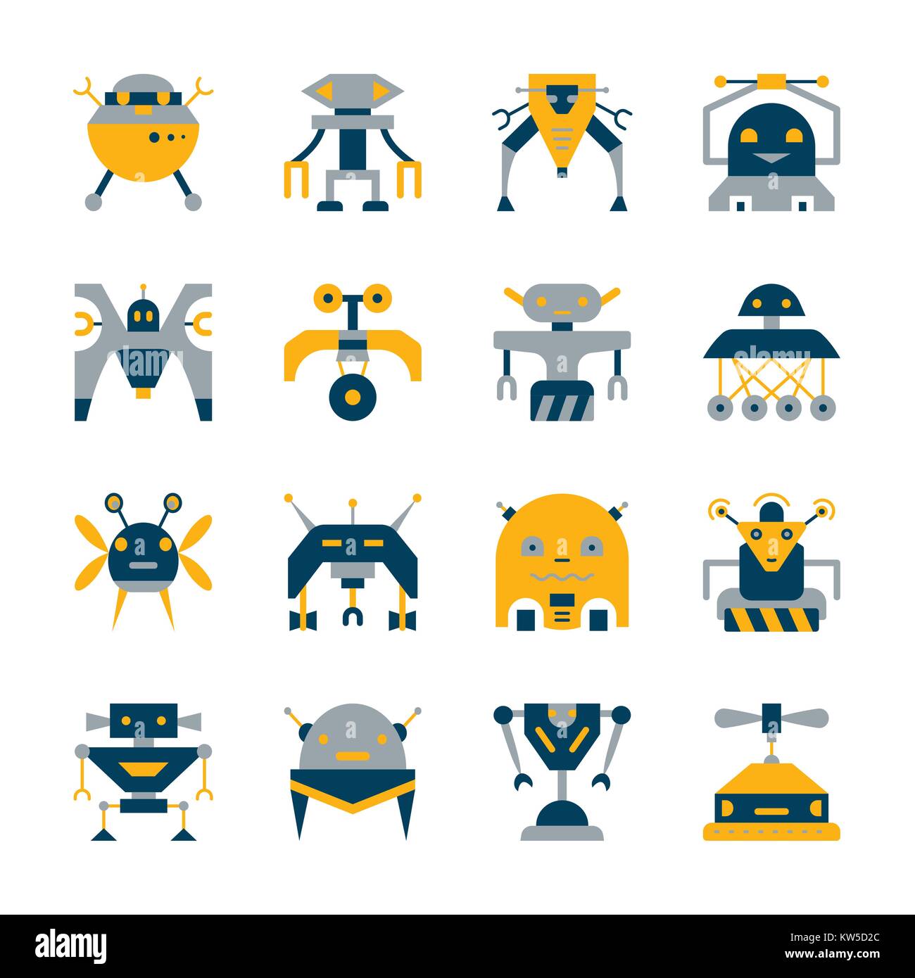Bunte Roboter Icon Set. Transformator Flat Style Collection. Cyborg Farbkonzept. Web, Infografik, Drucken, Karte, Maschine, Toys Design künstliche Intel Stock Vektor