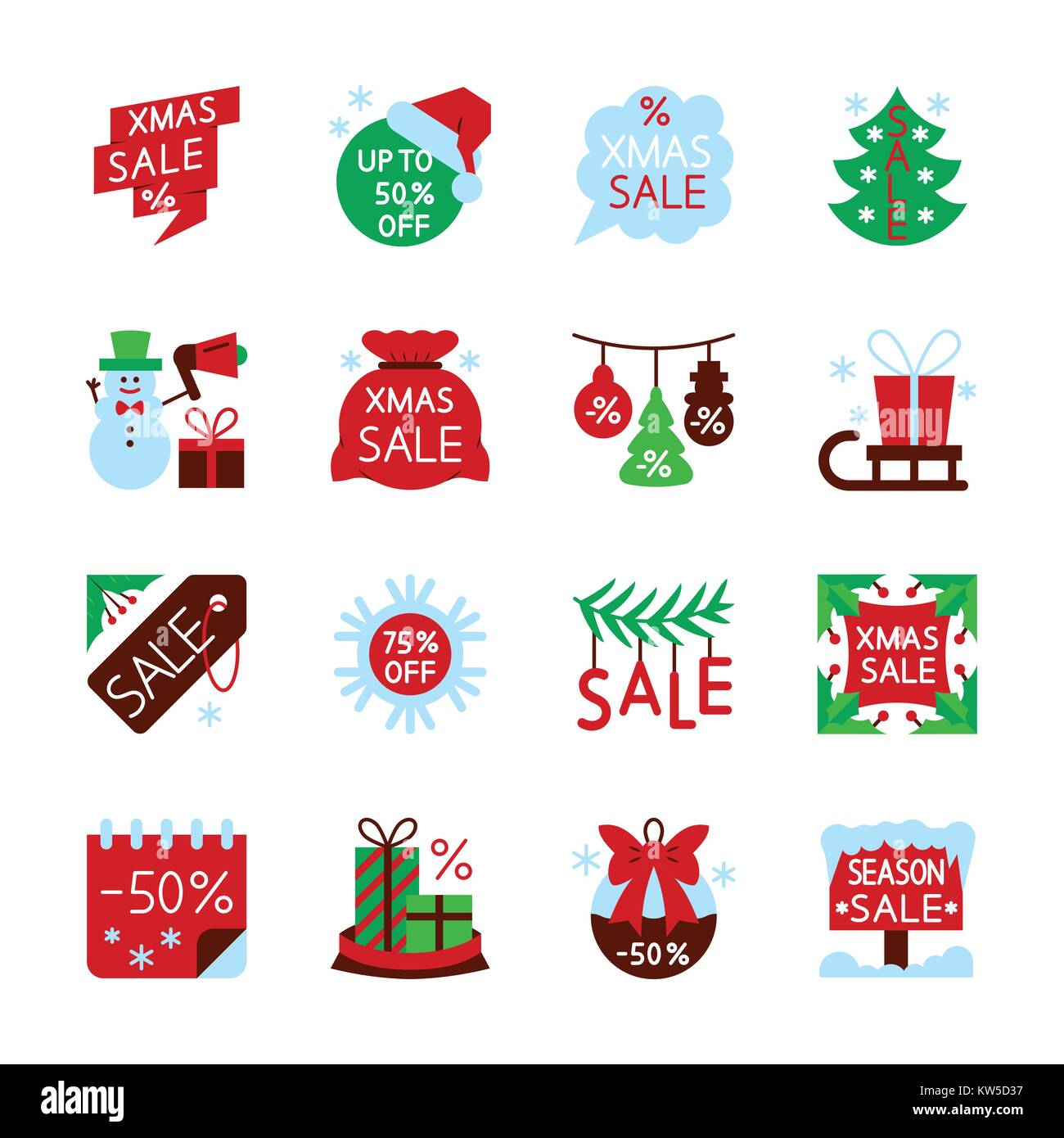 Bunte Jahreszeit Weihnachten Verkauf Icon Set. Neues Jahr Flat Style Spiel Konzept Sammlung Xmas Farbe Web, Karten, Drucken, Büro, Geschäft, Banner, Aufkleber Stock Vektor