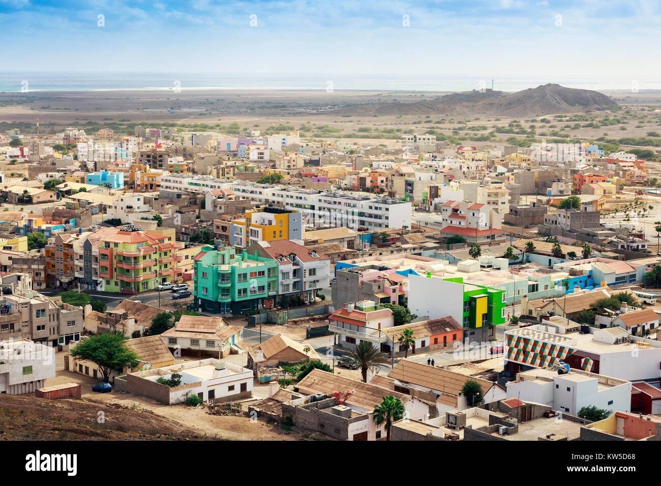 Blick Osten in Espargos, der Hauptstadt von Kap Verde in Richtung Mirador und Baia da Parda, Sharks Bay, Cape Verde, Afrika Stockfoto