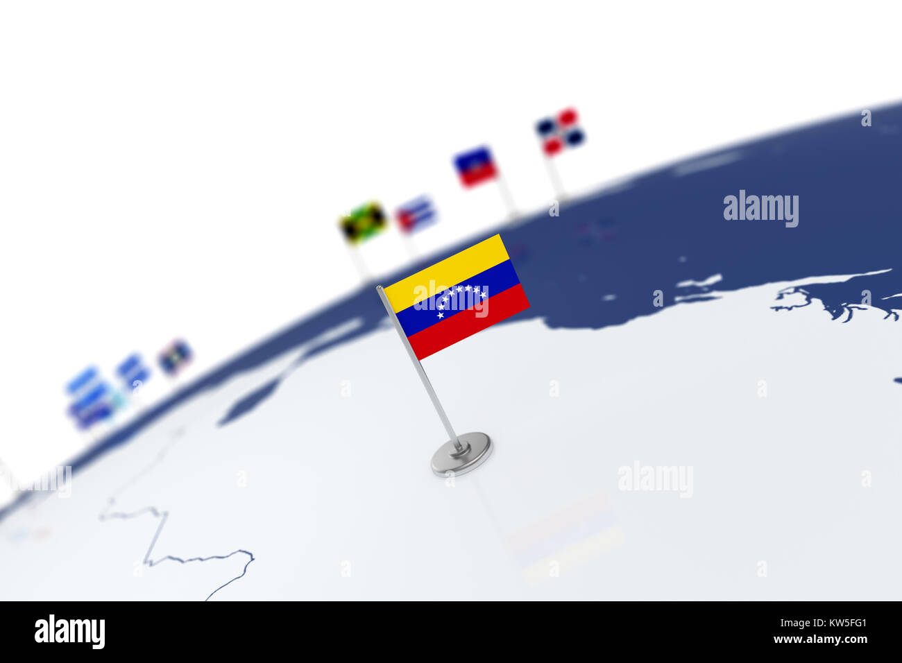 Venezuela Flagge. Landesflagge mit Chrom Fahnenmast auf der Weltkarte ...