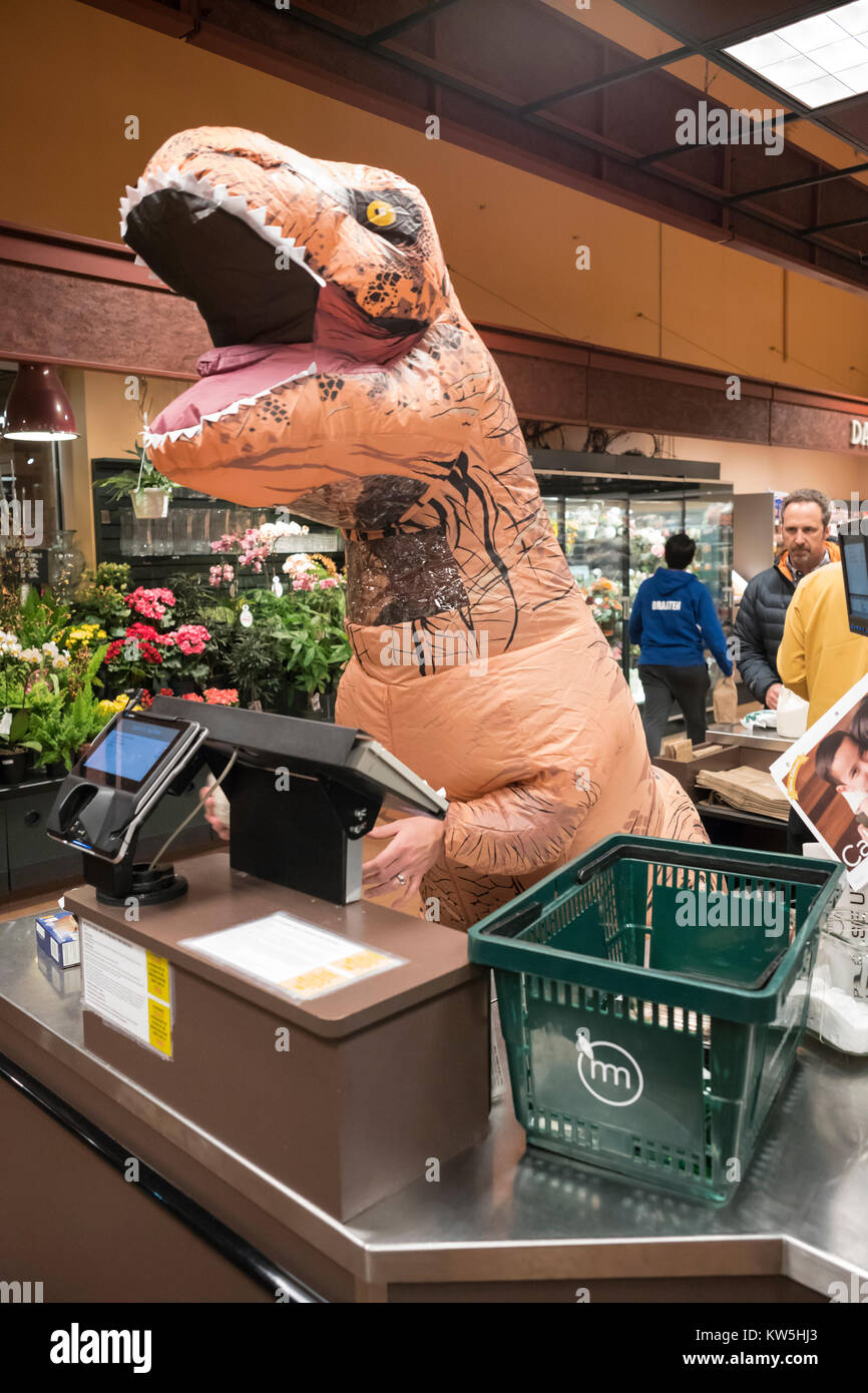 Kostüm auf Lebensmittelgeschäft checker eines Tyrannosaurus Rex. Stockfoto