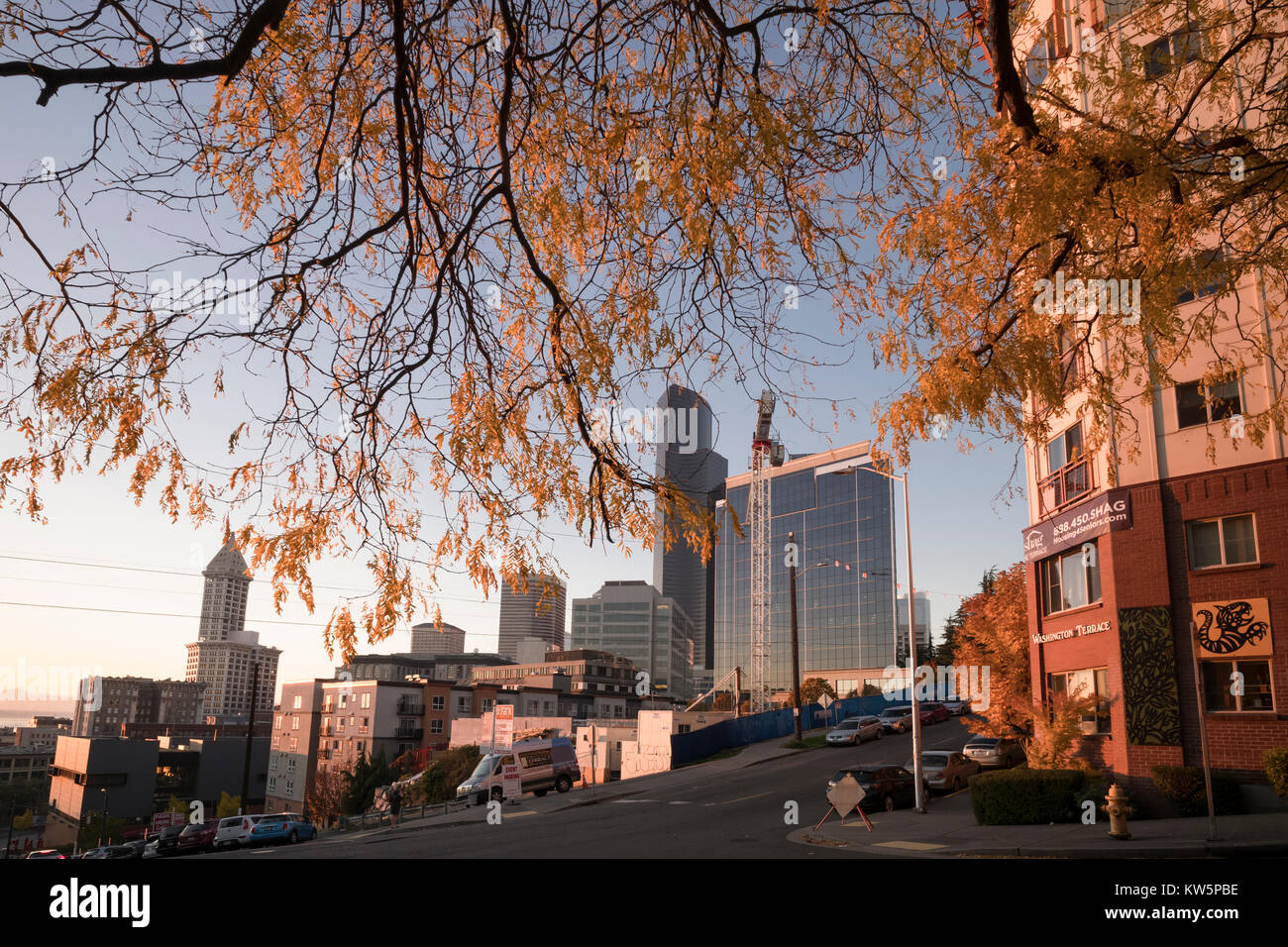 6&Washington St. Blick auf Downtown mit Smith Stadt und Columbia Center Gebäude. Seattle, Washington, USA Stockfoto