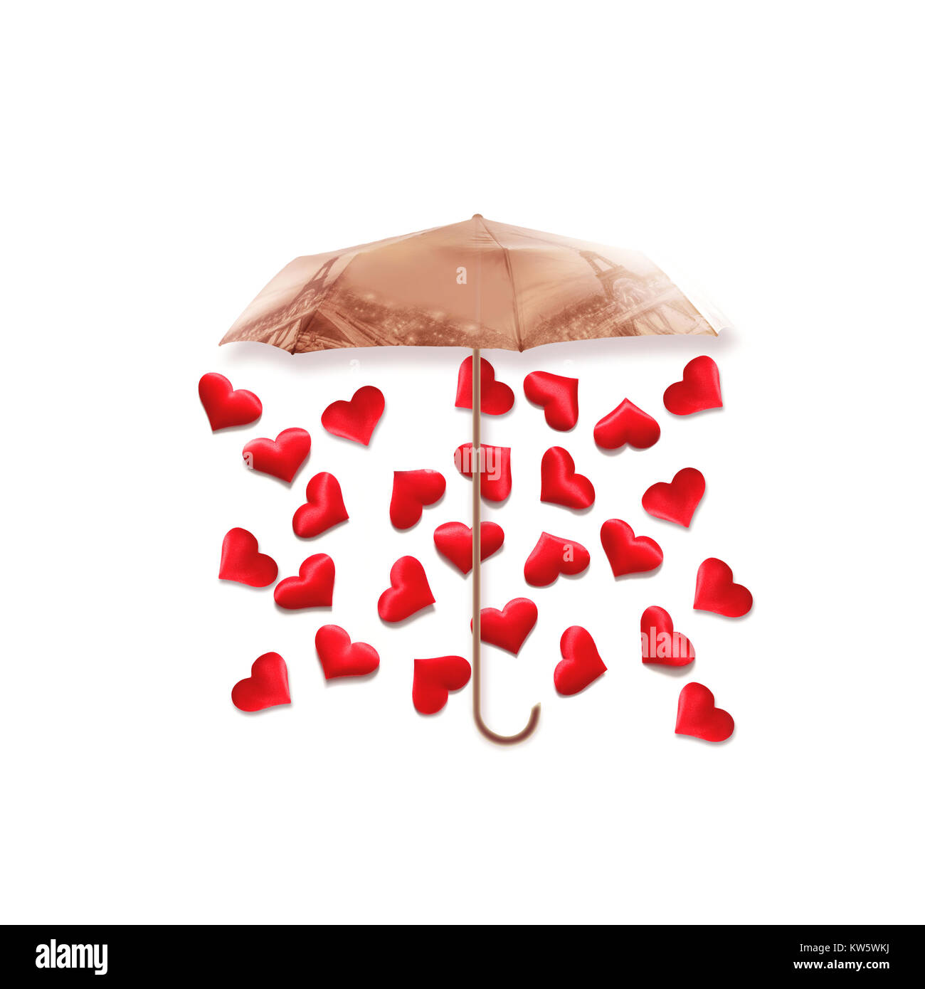Kreative valentines Konzept Foto von Regenschirm mit Herzen, regnet auf weißem Hintergrund. Valentines Tag Konzept. Stockfoto