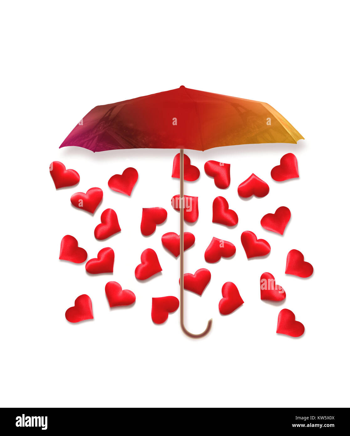 Kreative valentines Konzept Foto von Regenschirm mit Herzen, regnet auf weißem Hintergrund. Valentines Tag Konzept. Stockfoto