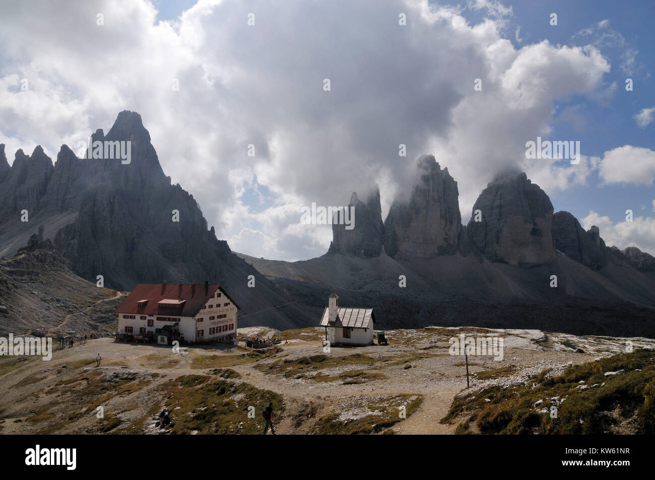 Die Dolomiten Drei Zinnen Hütte, Dolomiten Drei Zinnen Hütte Stockfoto