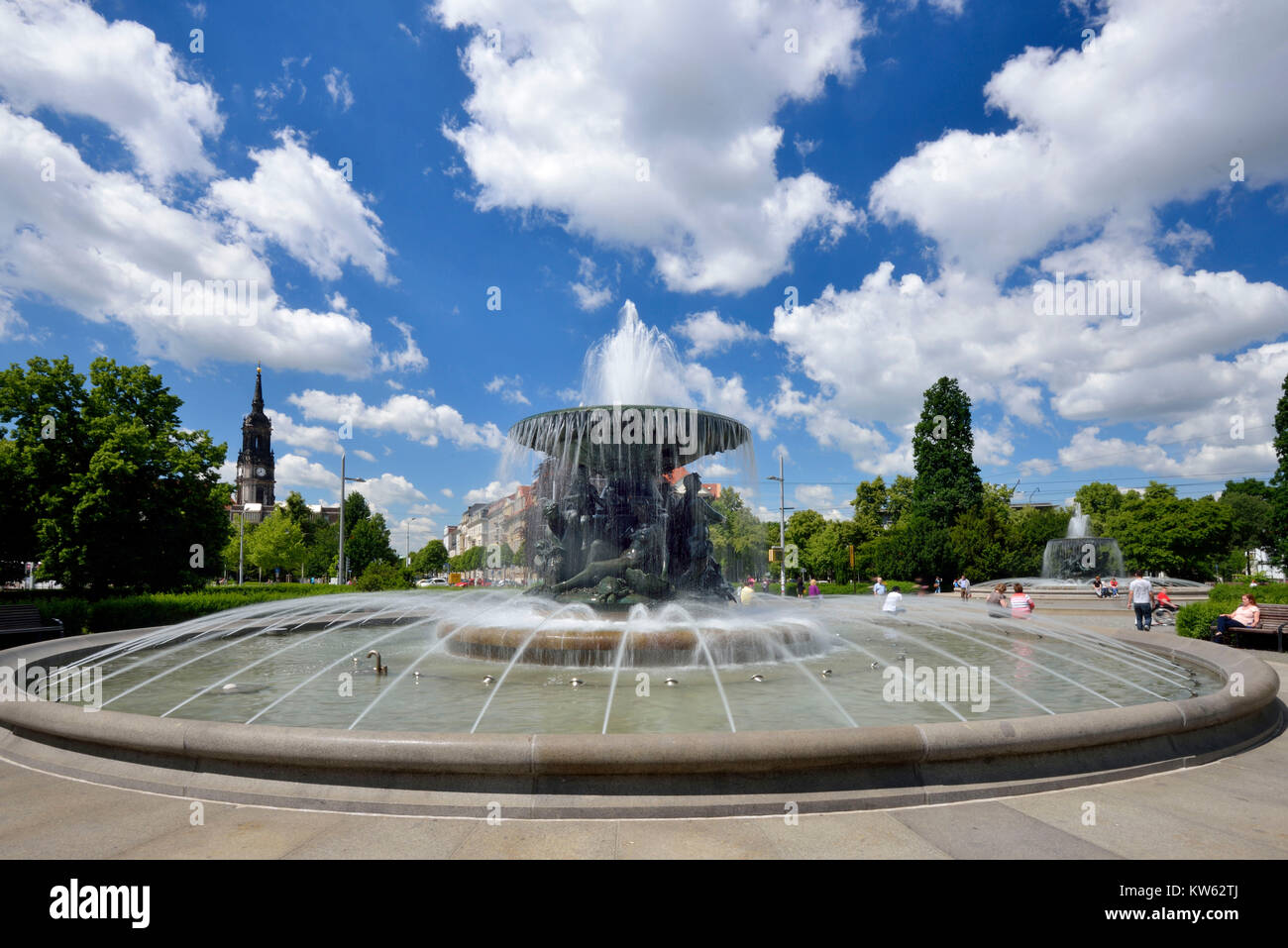 Dresden, Neustadt, Brunnen ruhigen Gewässern auf der Albert, Springbrunnen Stille Wasser am Albertplatz. Stockfoto