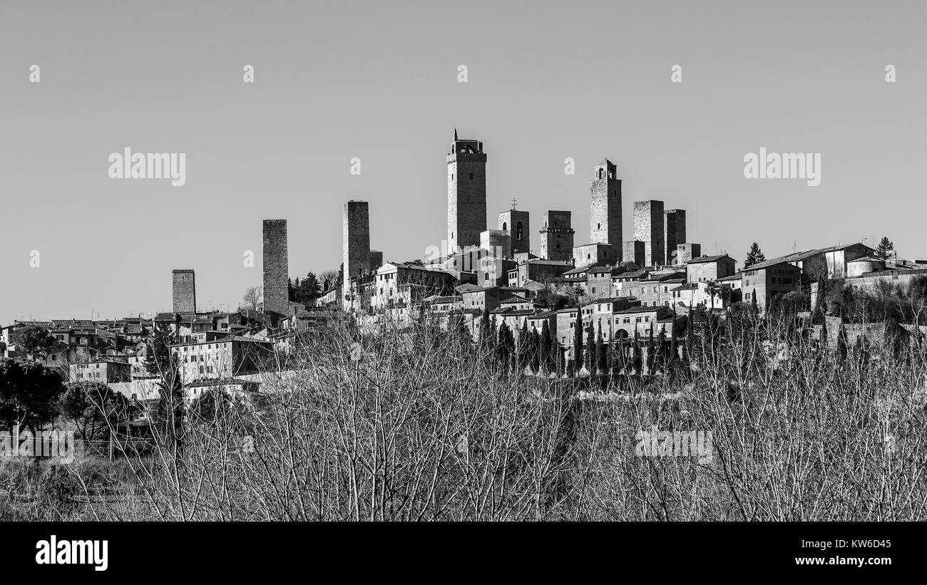 Schwarz und weiß Luftaufnahme von San Gimignano, Siena, Toskana, Italien Stockfoto