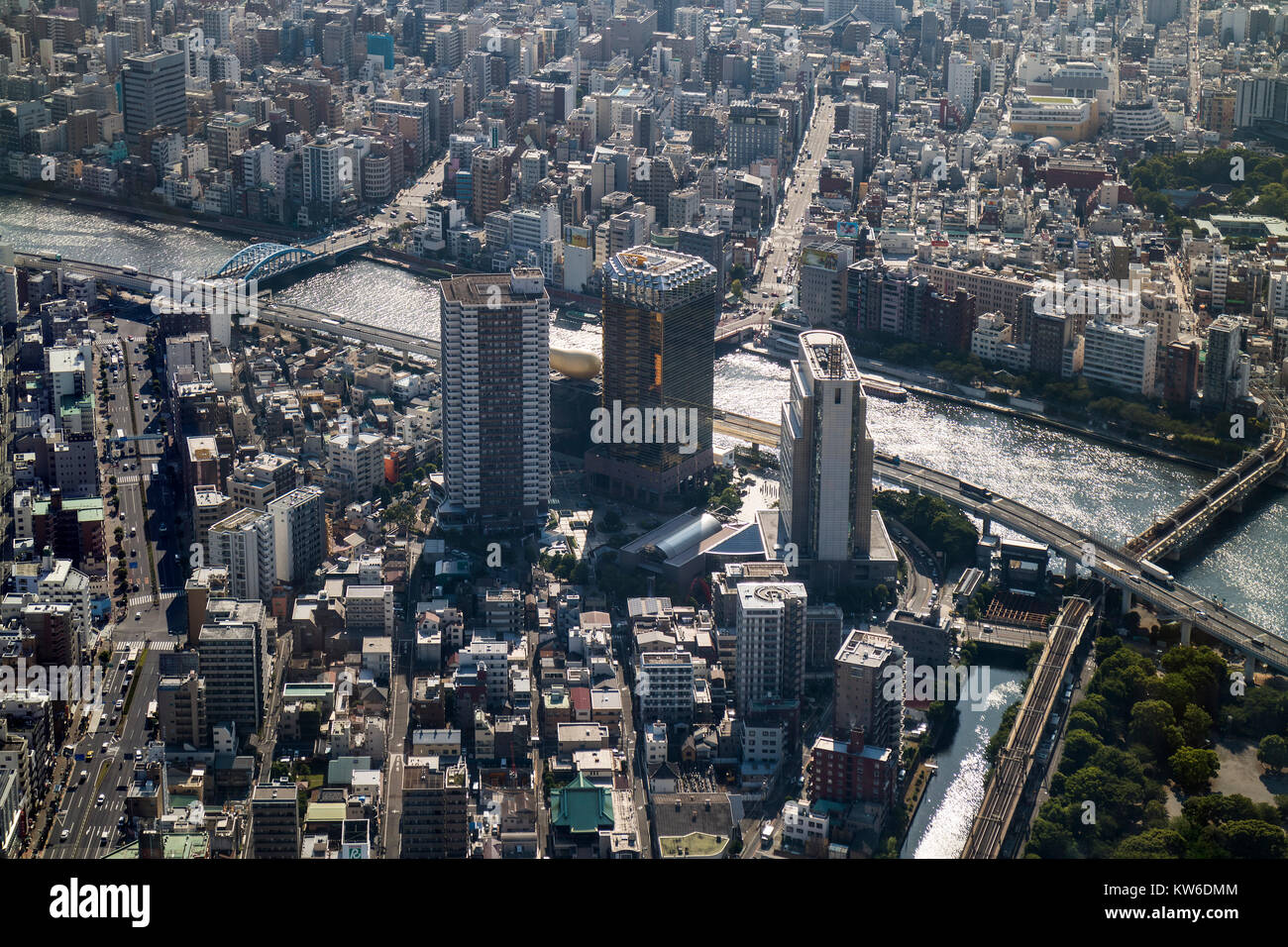 Tokio, Japan, 19. Juni 2017: Luftaufnahme von Tokyo und der Asahi Beer Tower am östlichen Ufer der Sumida River in Sumida, Tokio Stockfoto