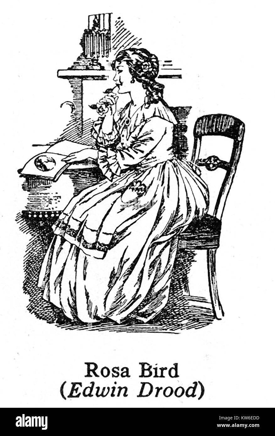 Charles Dickens 1812 bis 1870 - Dickens Charaktere-1930 Illustration - Rosa Vogel aus "Das Geheimnis des Edwin Drood" Stockfoto