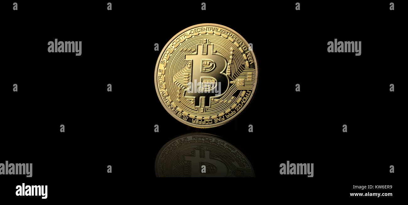 Golden Bitcoin auf schwarzem Hintergrund Stockfoto