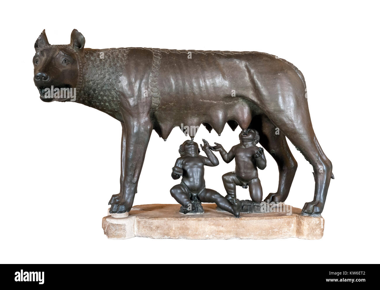 Die Kapitolinischen She-Wolf, eine Bronzestatue, die einen Wolf säugt Romulus und Remus, Halle der Sie Wolf, Konservatoren, Palazzo dei Conservatori, Kapitolinischen Museen, Rom, Italien Stockfoto