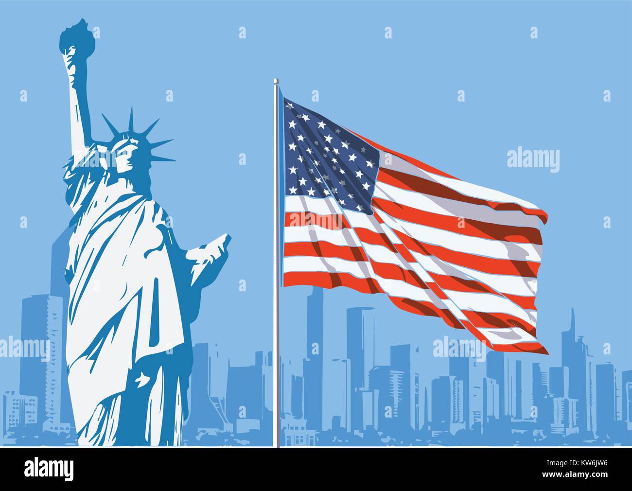 Iconic America - USA Tourismus Symbol - Die Freiheitsstatue und US-Flagge in der Stadt Stock Vektor