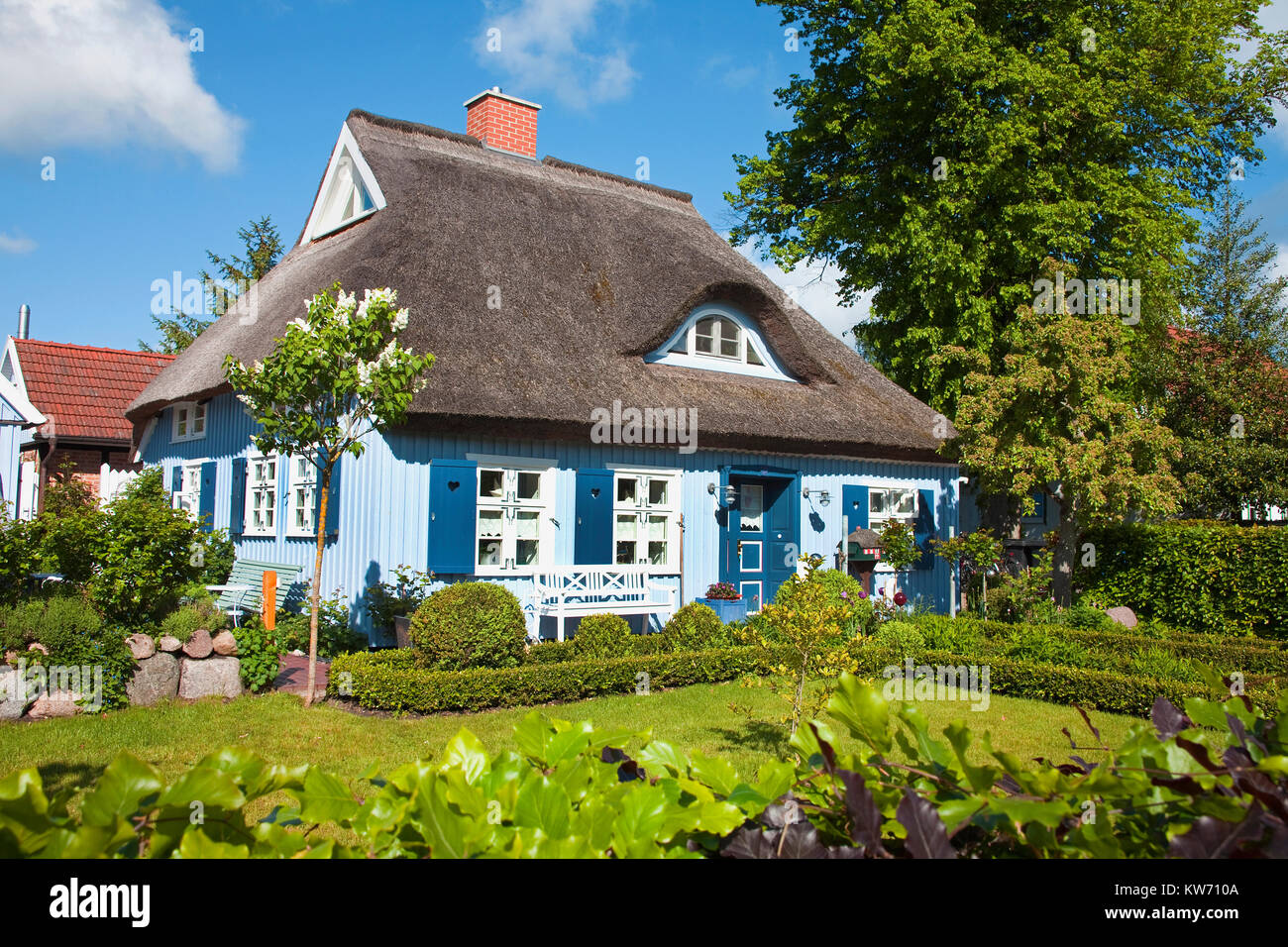 Typischen strohgedeckten Haus im Dorf Geboren am Darss, Fischland, Mecklenburg-Vorpommern, Ostsee, Deutschland, Europa Stockfoto