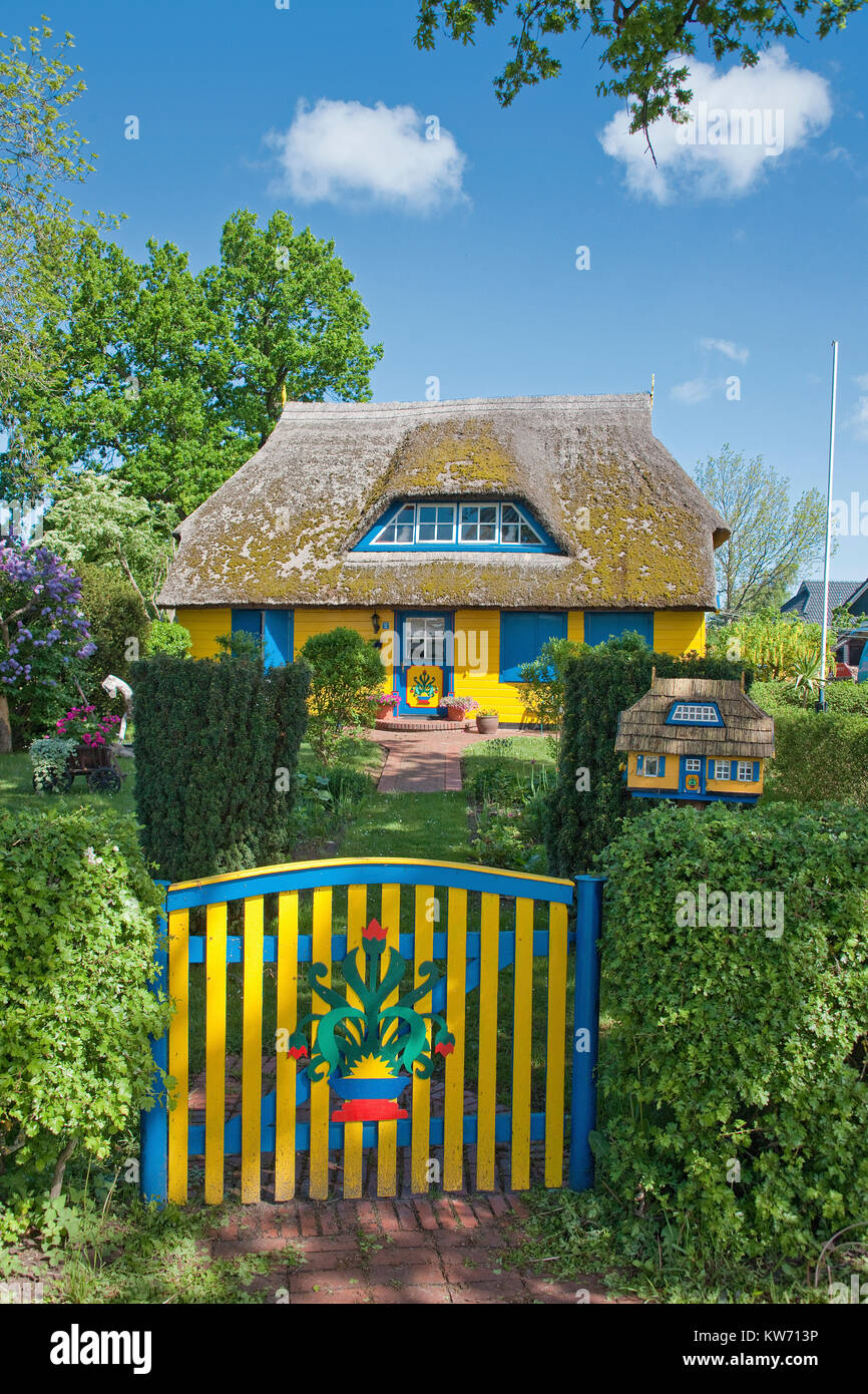 Bunte strohgedeckten Haus mit Postbox (Miniatur Replik des Hauses), geboren am Darss, Mecklenburg-Vorpommern, Ostsee, Deutschland, Europa Stockfoto