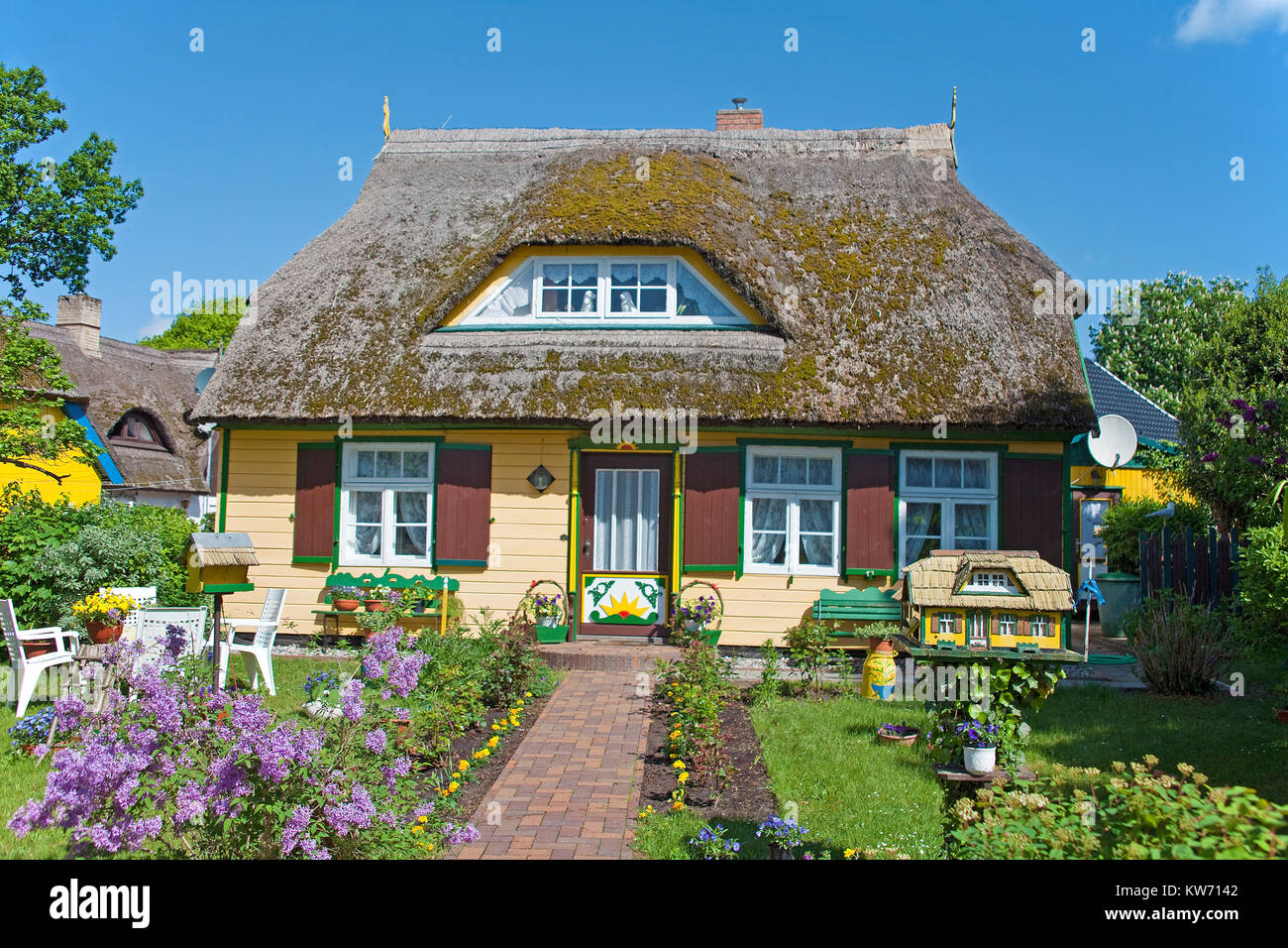 Traditionelle strohgedeckte Haus im Dorf Geboren am Darss, Fischland, Mecklenburg-Vorpommern, Ostsee, Deutschland, Europa Stockfoto