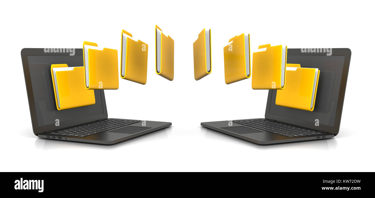 Zwei Laptops Übertragen von Gelben Ordner Daten, 3D-Illustration isoliert auf weißem Hintergrund Stockfoto