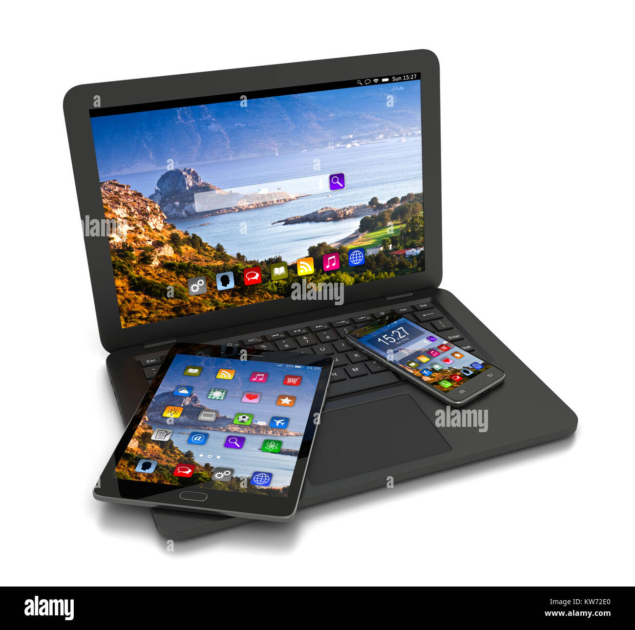 Laptop, Smartphone und Tablet Pc auf weißem Hintergrund 3D Illustration Stockfoto