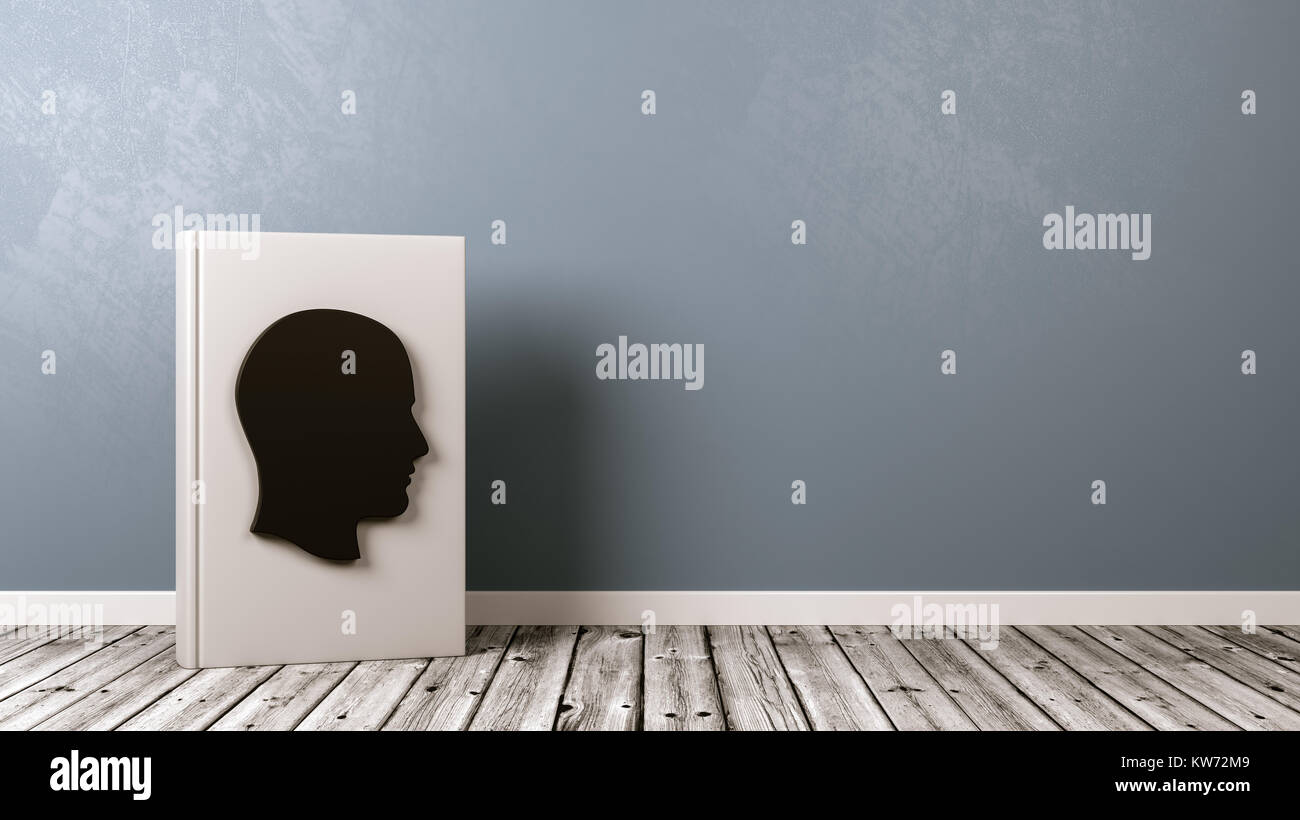 White Book aufrecht, mit menschlichen Kopf Form auf der Abdeckung auf hölzernen Fußboden gegen graue Wand mit Copyspace 3D-Illustration, Biographie Konzept Stockfoto